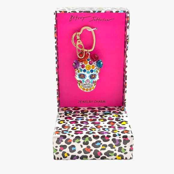 Betsey Johnson Sugar Skull Bag Charm Jeweled Fob KeyChain Day of the Dead NIB - Picture 3 of 11